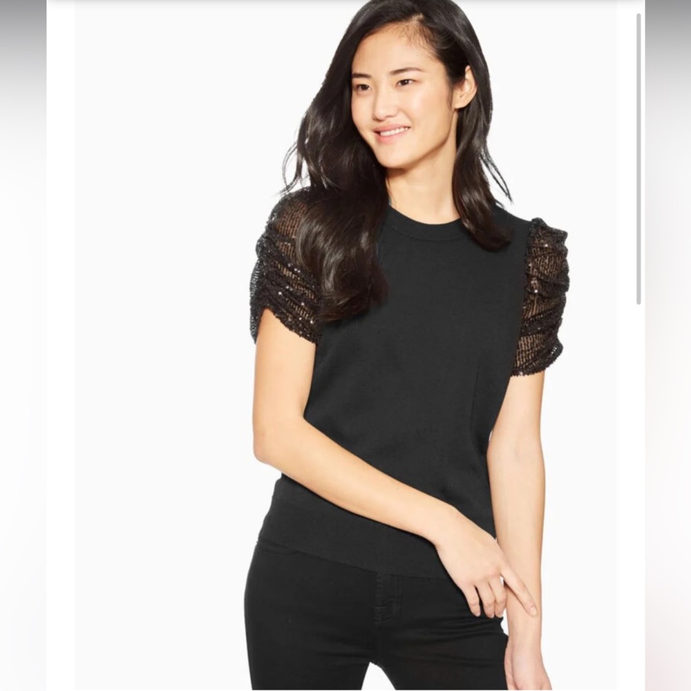 Parker Tash Knit Top with Sequin Sleeve Detail - Black